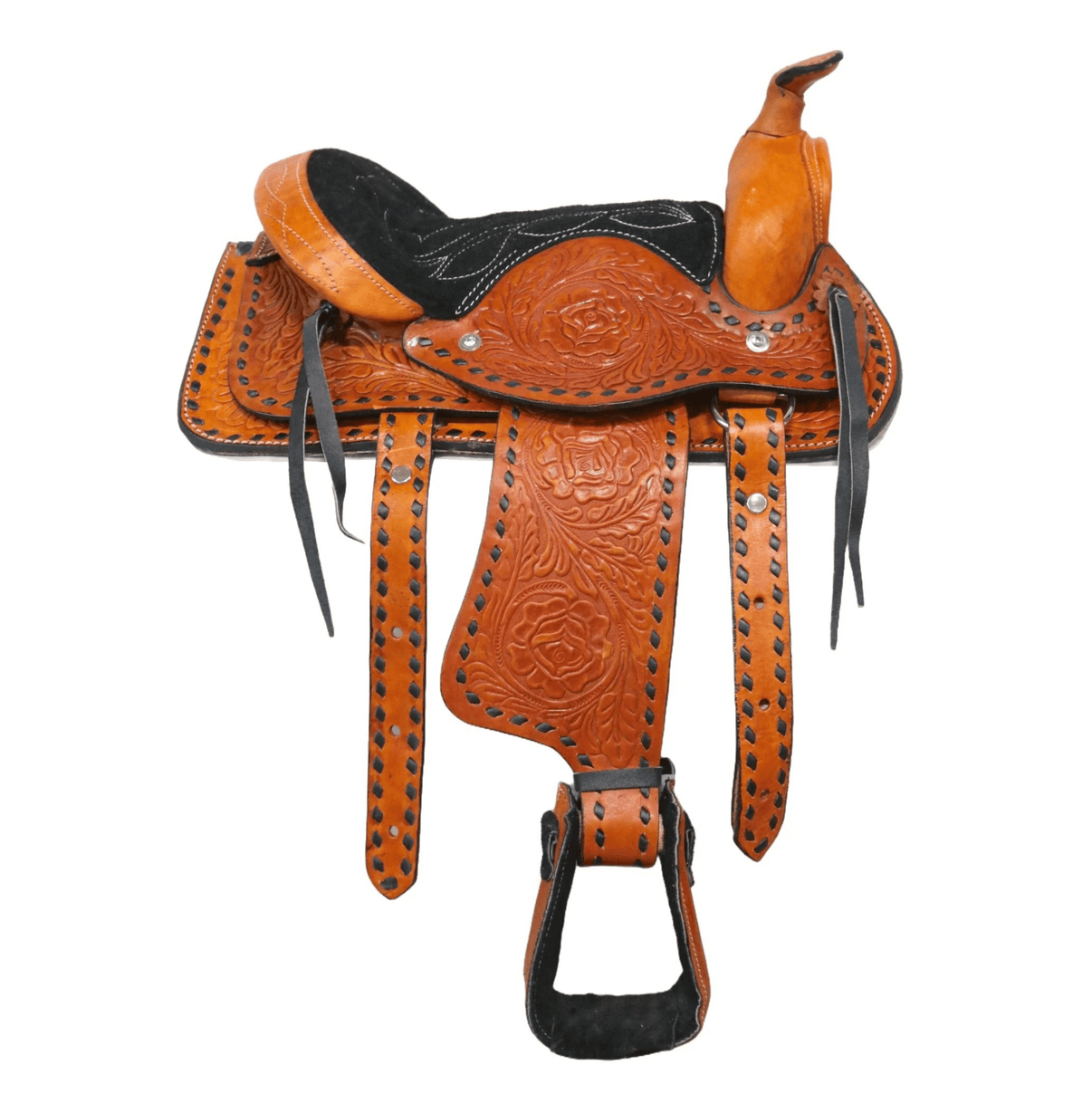 10" Tan Kids Pony Buckaroo Buckstitch Laced Cowboy Saddle - M - Royal Saddles - Mini/Pony Saddles