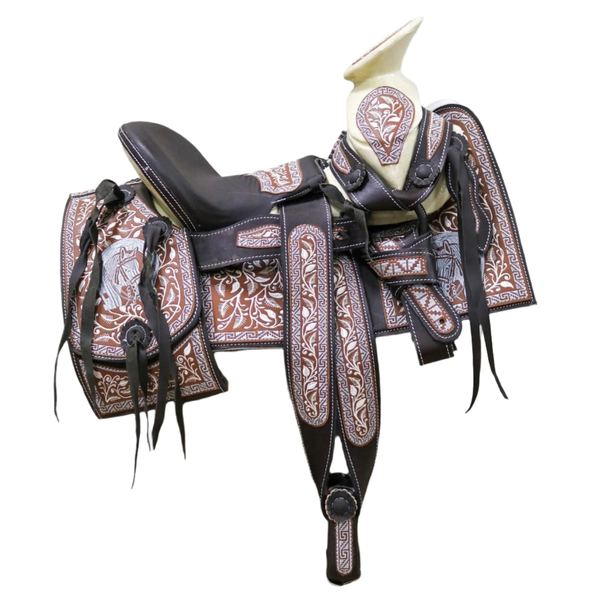 12" Nino Child Kid Embroidered Pony Charro Leather Saddle - M - Royal Saddles - Mini/Pony Saddles
