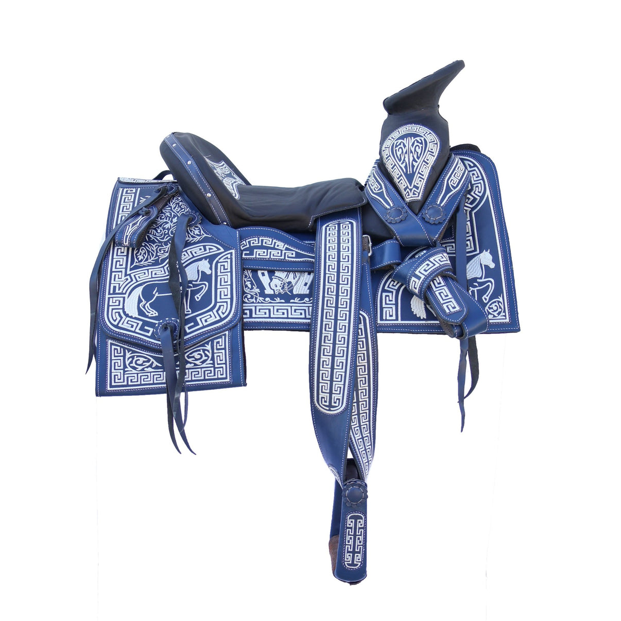 15" Blue Charro Saddle Set / Montura Charra Azul Bordada Completa - M-Royal Saddles - Charro Saddles/Monturas