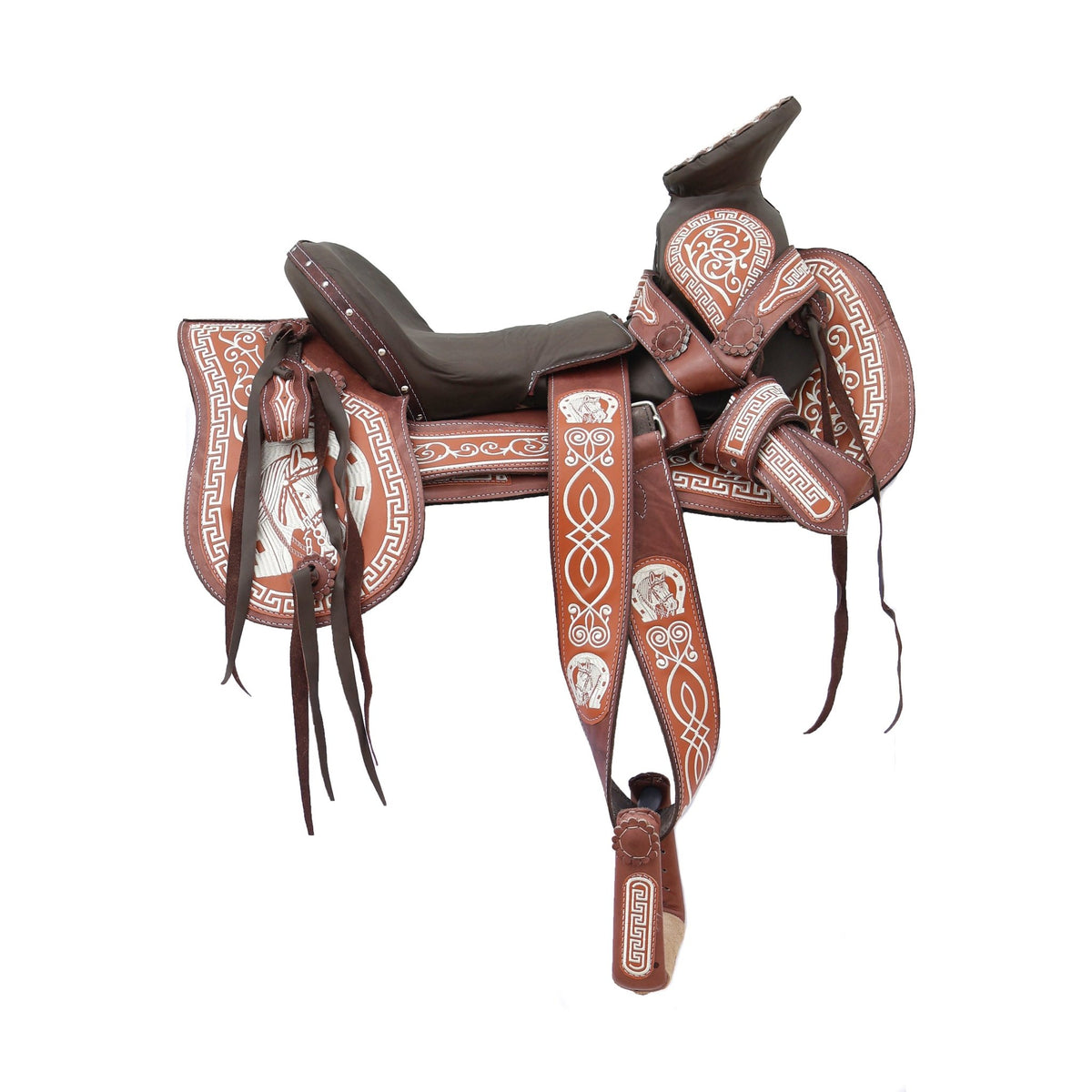 15" Cafe Charro Embroidered Brown Mexican Horse Saddle - M-Royal Saddles - Charro Saddles/Monturas