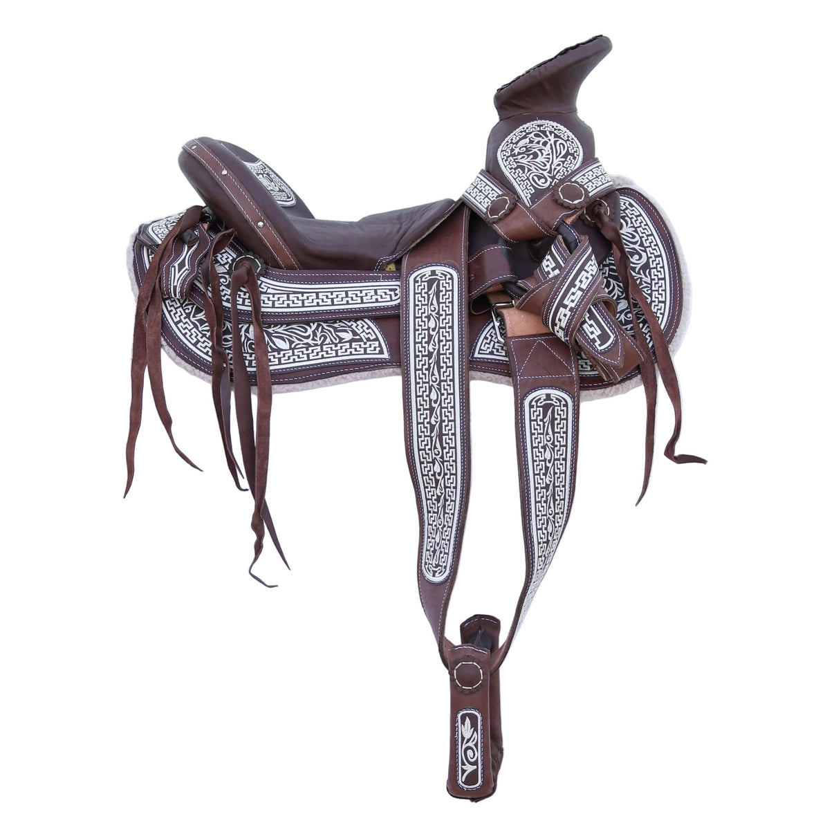 15" Cafe Charro Embroidered Horse Mexican Saddle Caballo Montura - M - Royal Saddles - Charro Saddles/Monturas
