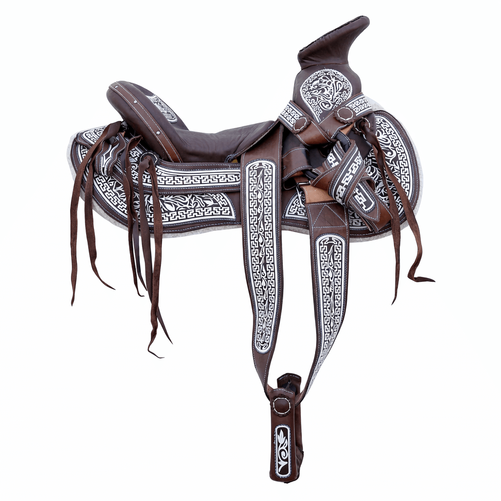 15" Cafe Charro Embroidered Horse Mexican Saddle Caballo Montura - M - Royal Saddles - Charro Saddles/Monturas