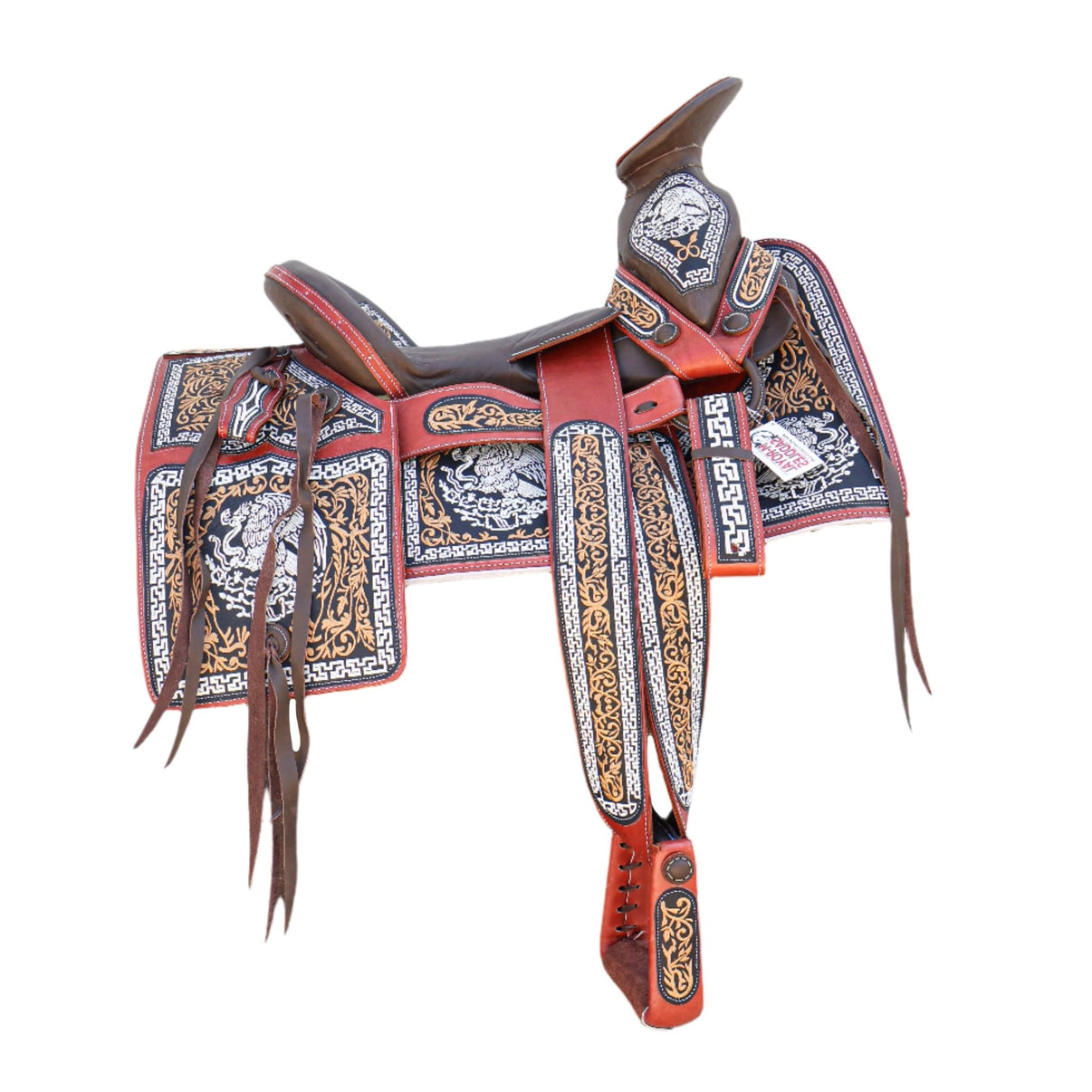 15" Charro Lienzo Mexican Saddle Montura Embroidered - M - Royal Saddles - Charro Saddles/Monturas