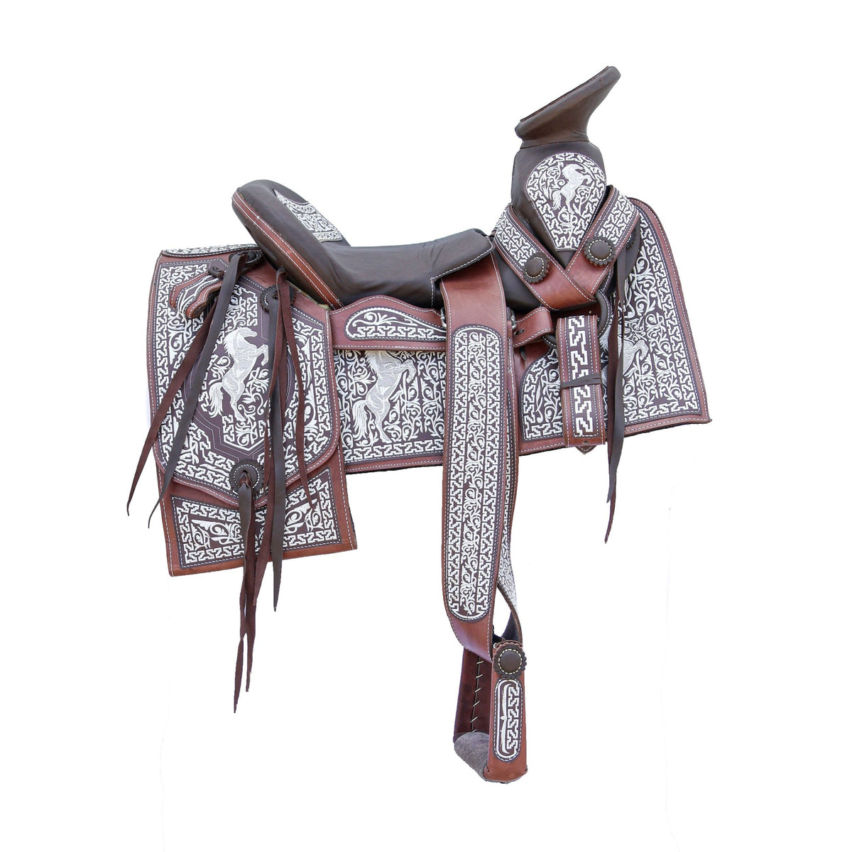 15" Charro Montura Brown Horse Mexican Square Skirt Saddle - M-Royal Saddles - Charro Saddles/Monturas