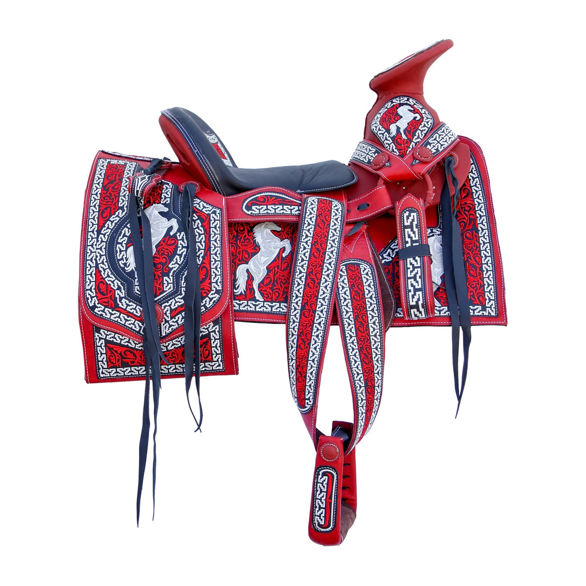 15" Charro Red Montura Silla Horse Mexican Square Skirt Saddle - M-Royal Saddles - Charro Saddles/Monturas