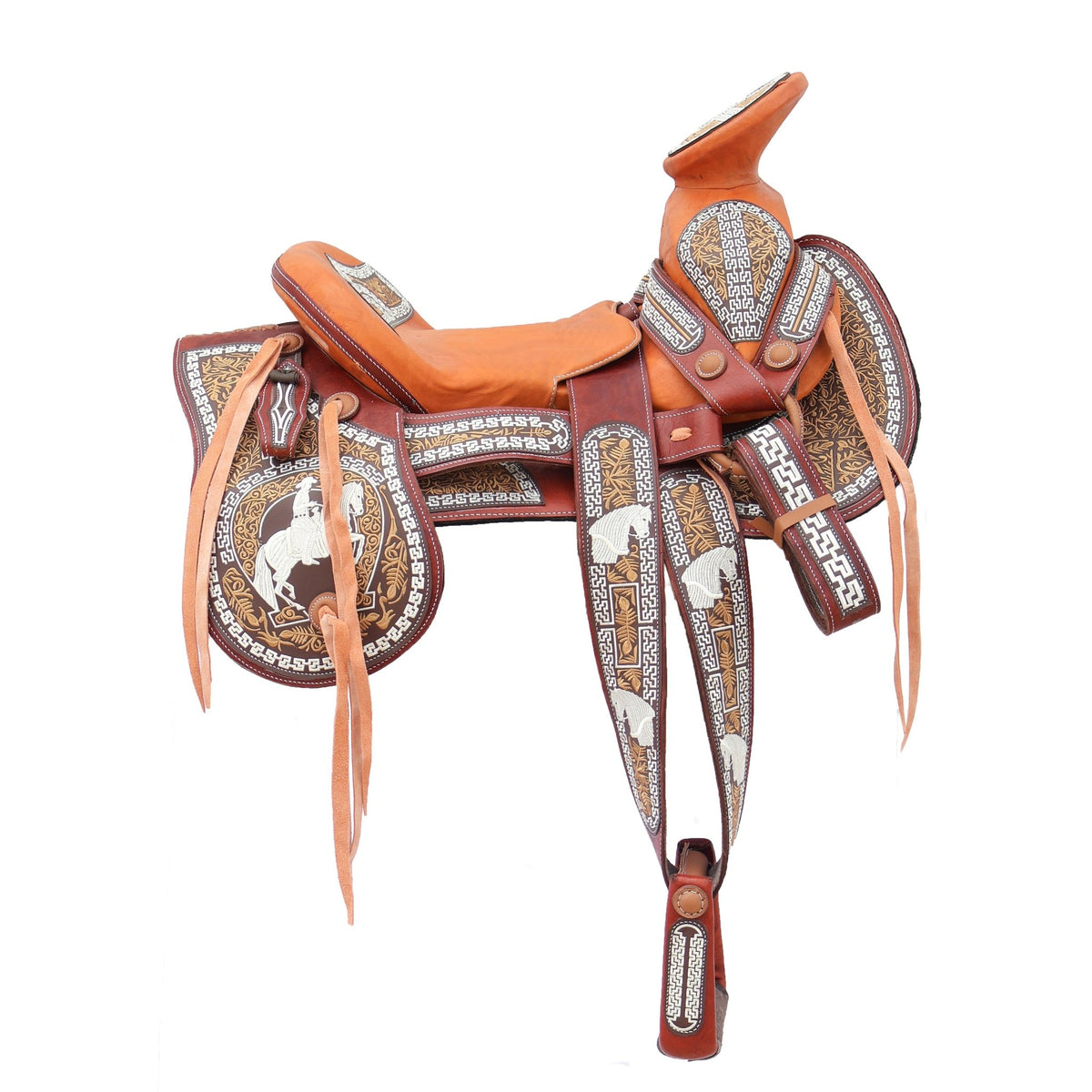 15" Charro Tan Two-Tone Montura Embroidered Horse Saddle - M-Royal Saddles - Charro Saddles/Monturas