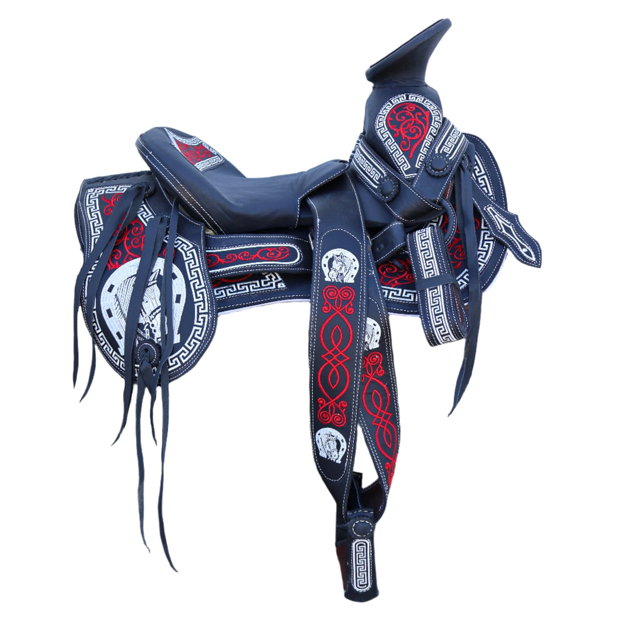 15.5" Black Charro Horse Saddle, Embroidered Leather Montura Charra - M-Royal Saddles - Charro Saddles/Monturas