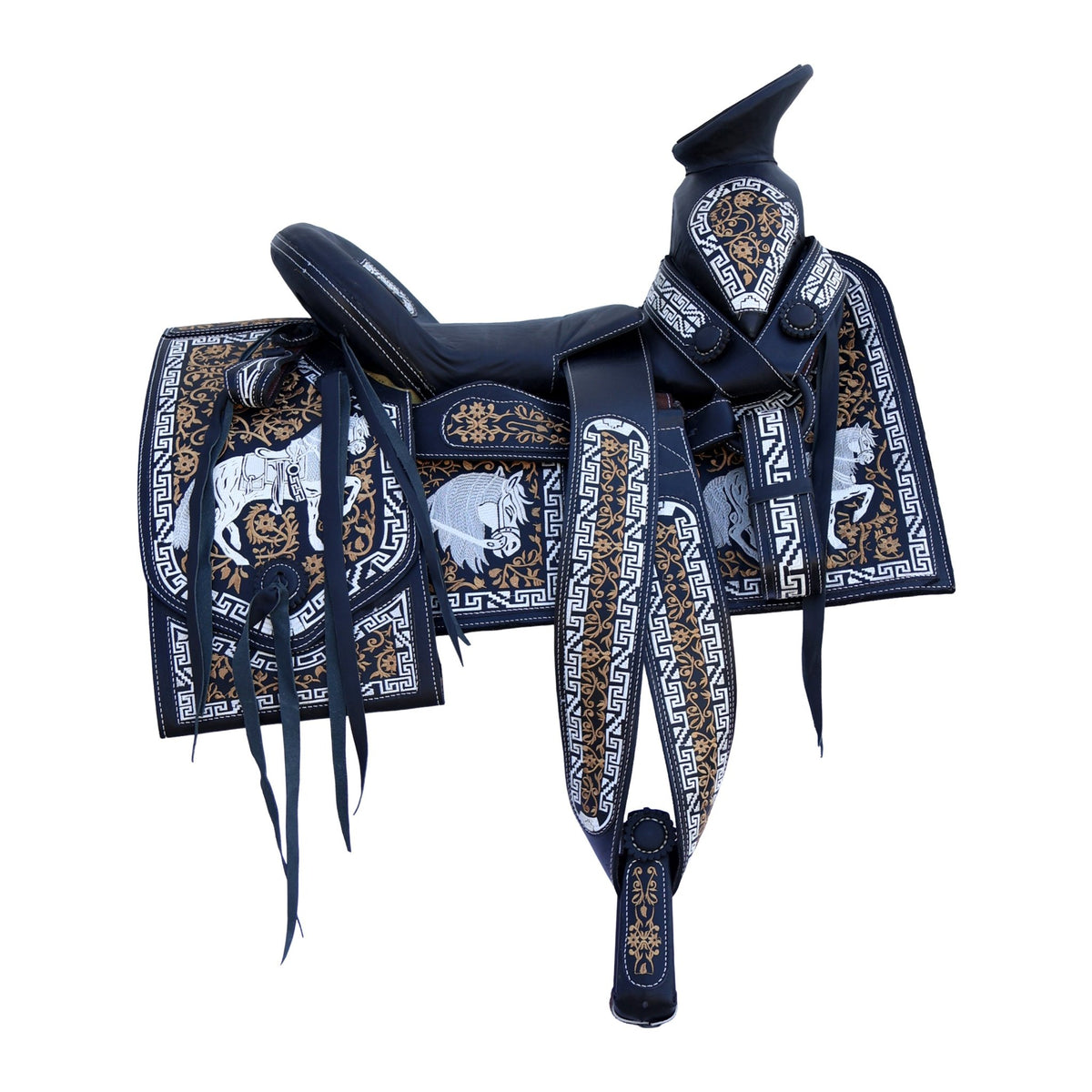 15.5" Mexican Saddle Embroidered Charro Montura Silla Horse - M-Royal Saddles - Charro Saddles/Monturas