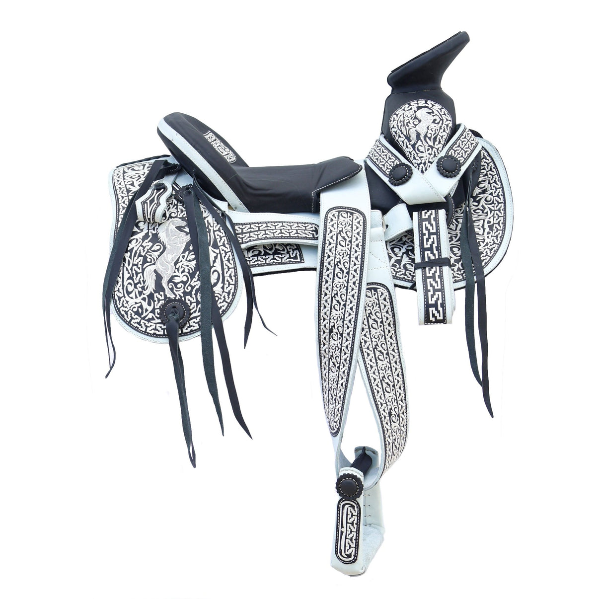 15.5" Montura Bordada Blanca Embroidered Horse Mexican Saddle - M-Royal Saddles - Charro Saddles/Monturas