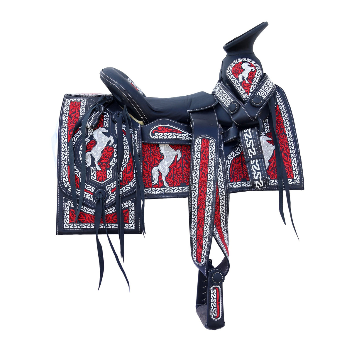 16" Black Charro Saddle / Montura Charra Rojo Blanco Bordada - M-Royal Saddles - Charro Saddles/Monturas