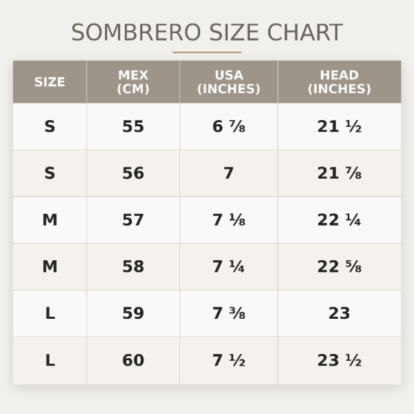 Sombrero size chart with measurements in centimeters, inches, and head circumferences.