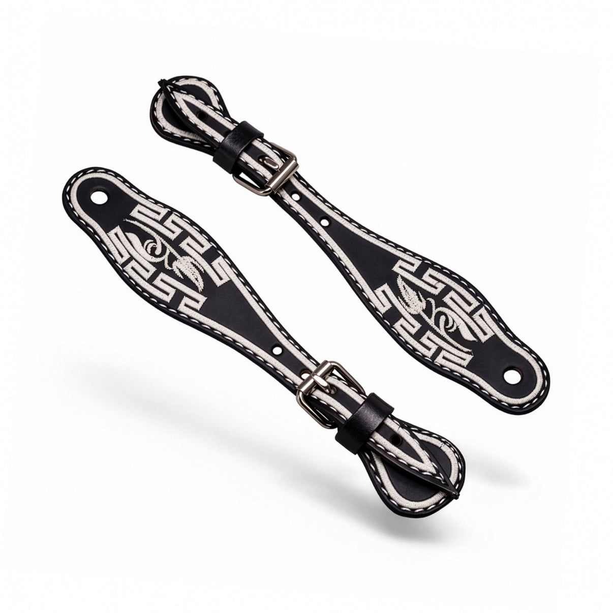 Black Charro Embroidered Spur Straps | Mexican Leather Bordado Espuelas Correones - M - Royal Saddles - Charro Spurs Strap