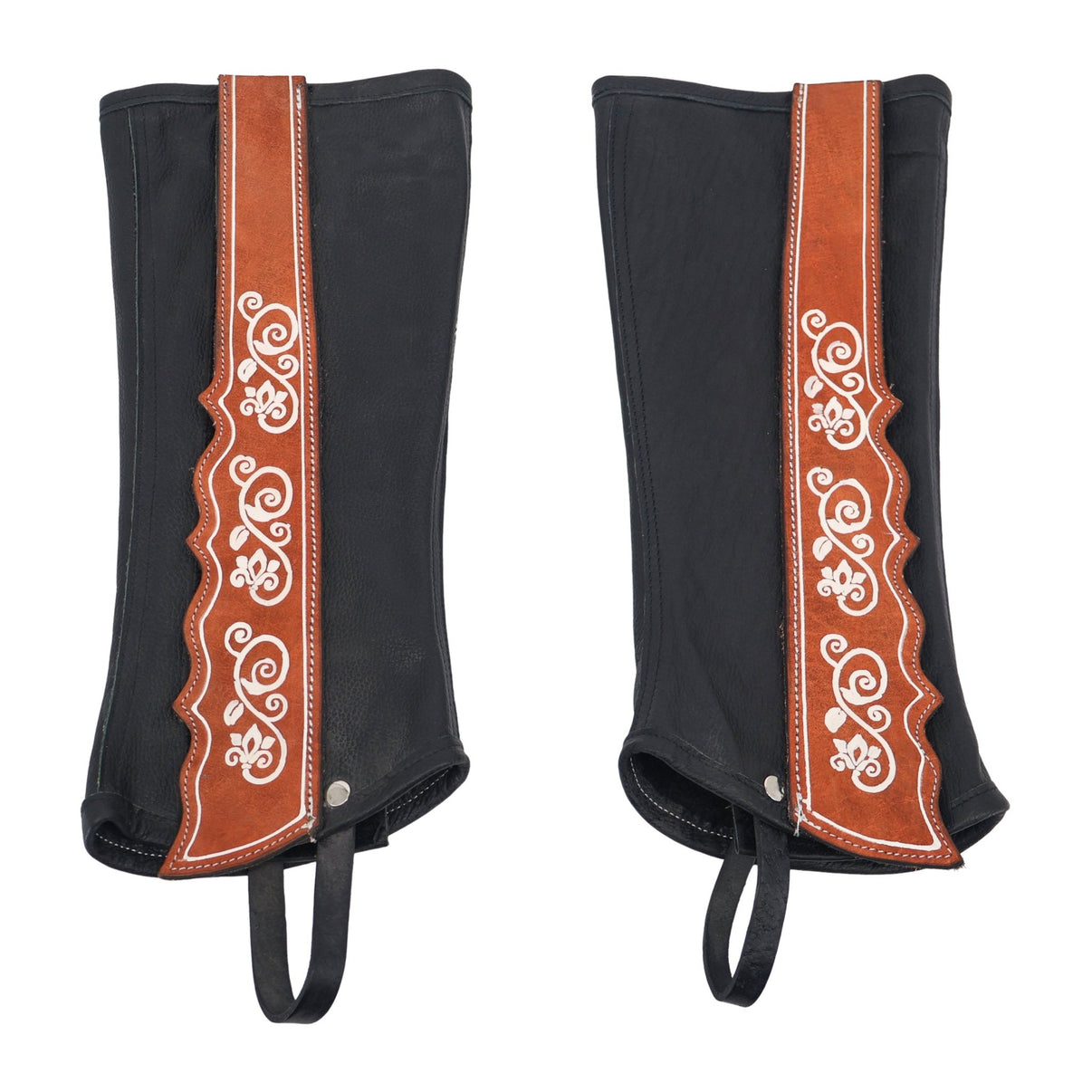 Black Leather Charro Polainas Floral Design, Half Chaps - M-Royal Saddles - Charro Polainas/Chaps