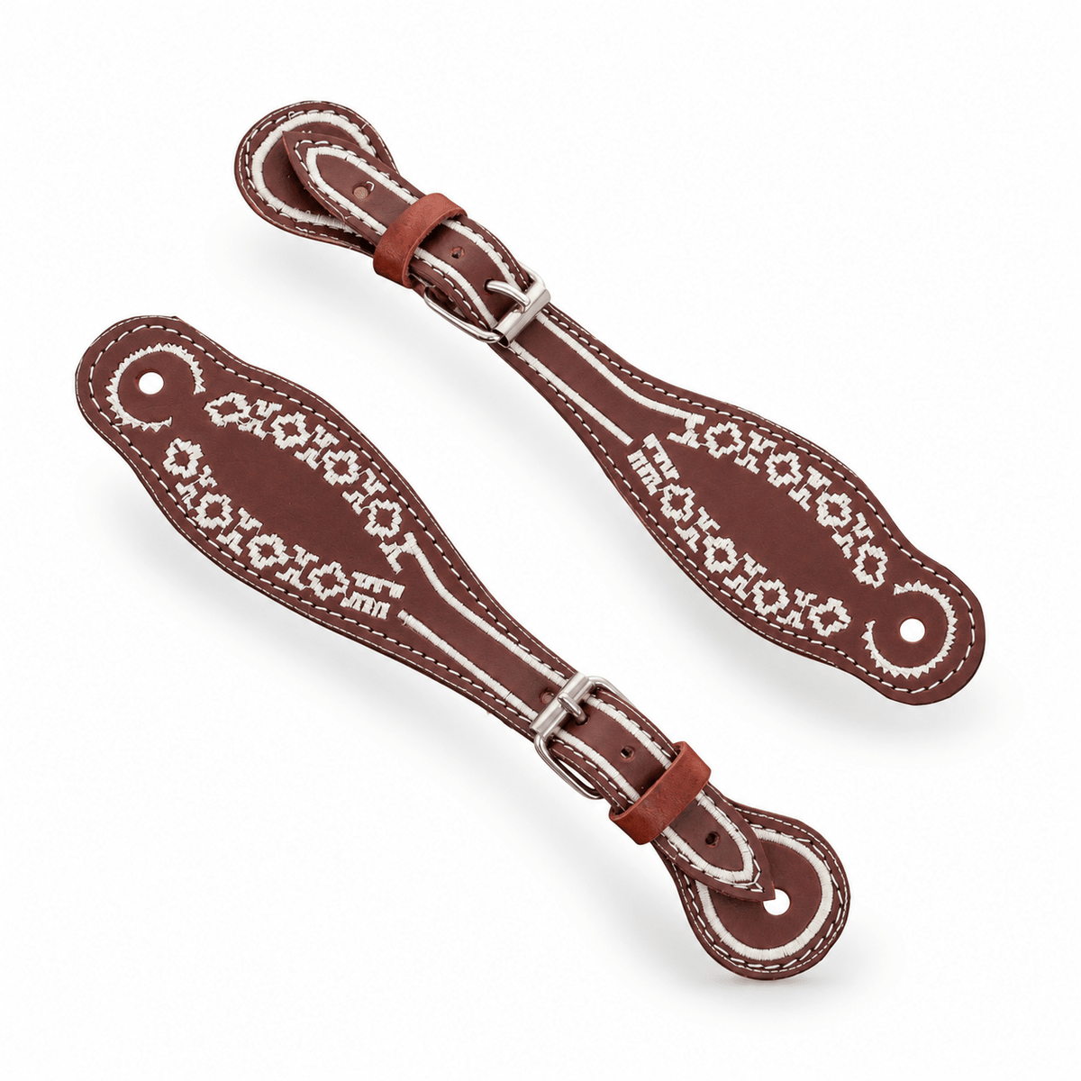 Cafe Aztec Charro Embroidered Spur Straps | Correones Para Espuelas Bordado - M-Royal Saddles - Charro Spurs Strap