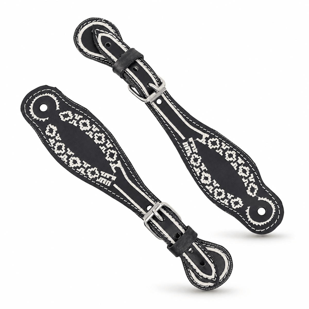 Charro Aztec Black Embroidered Spur Straps Correones Para Espuelas Bordado - M-Royal Saddles - Charro Spurs Strap