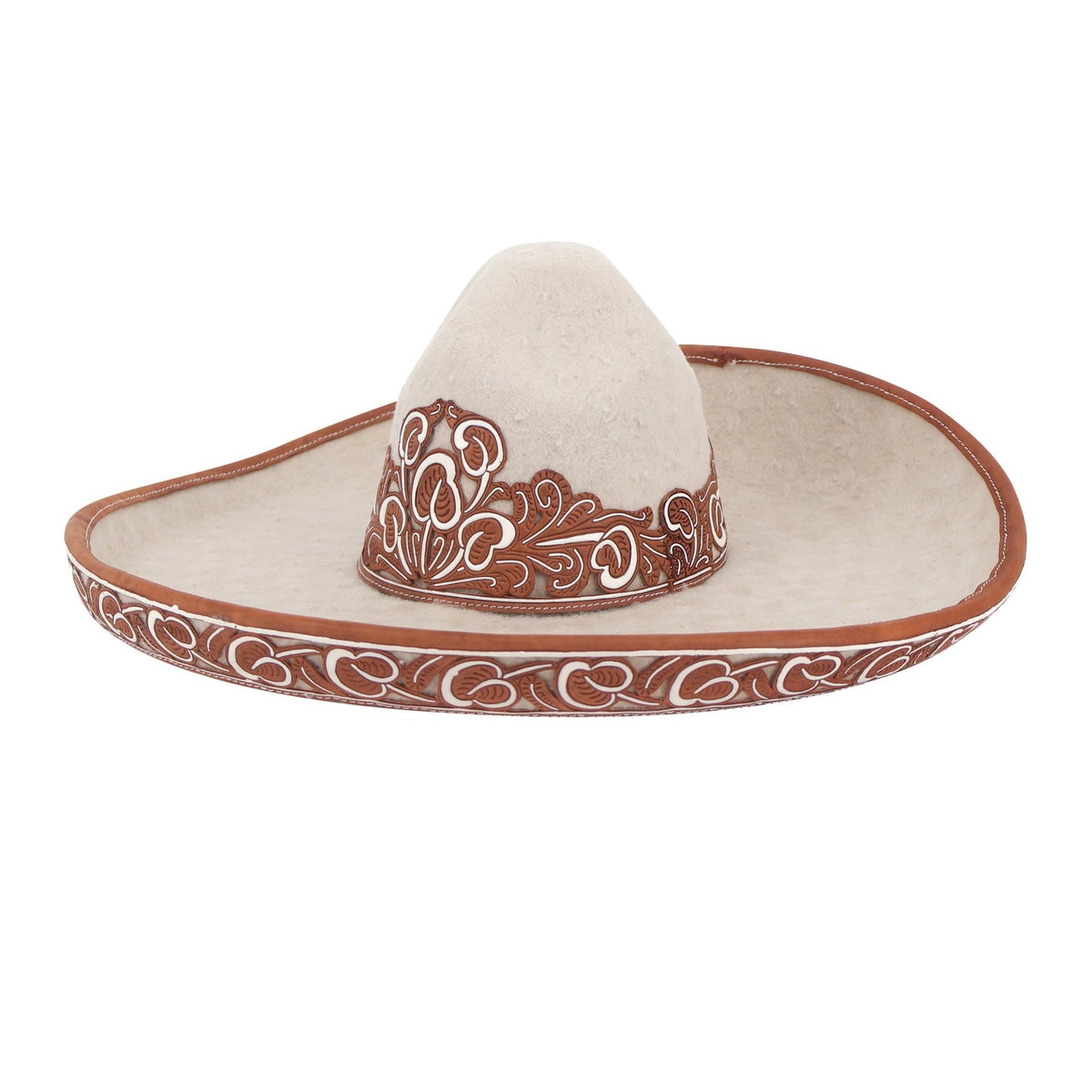 Charro Cream Sombrero Calado Ribete Pirograbado MEX 58 USA 7 1/4 - M-Royal Saddles - Sombreros Charros