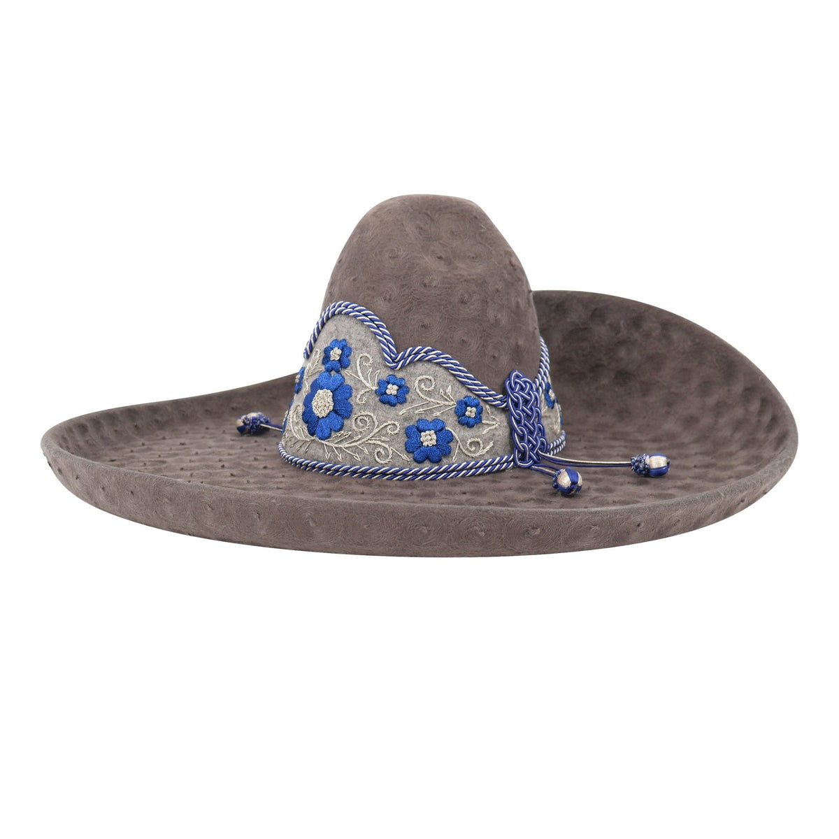 Charro Dark Gray Sombrero Bordada Azul Lana MEX 58 USA 7 1/4 - M-Royal Saddles - Sombreros Charros