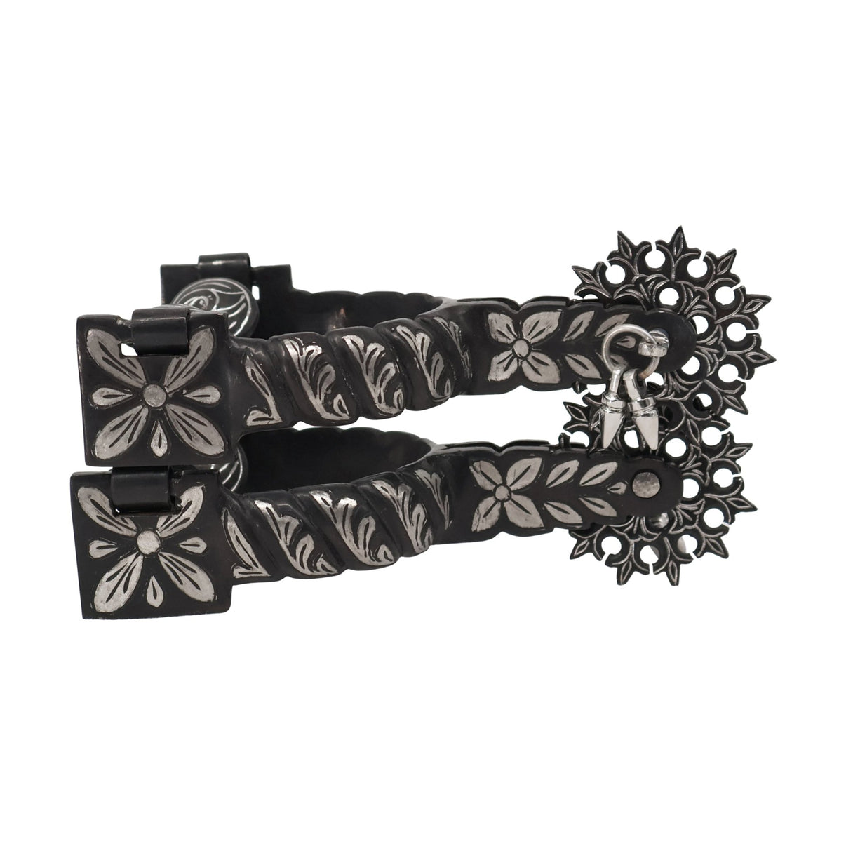 Charro Espuelas Negras Grabadas Black Stainless Steel Design - M-Royal Saddles - Charro Spurs/Espuelas