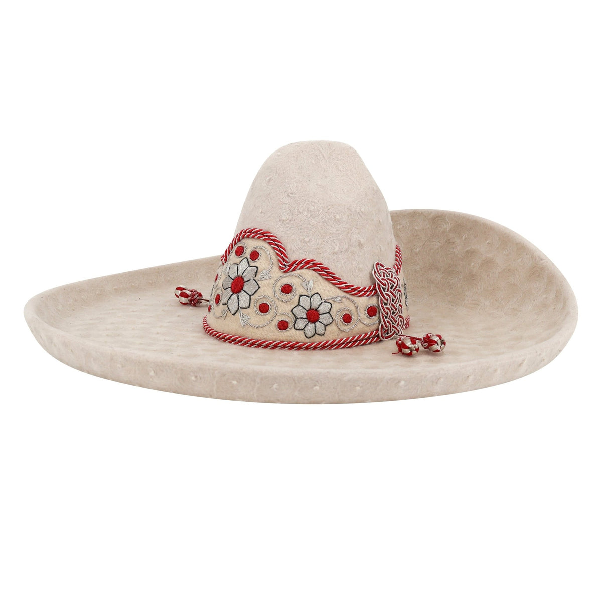 Charro Sombrero Blanco Lana Rojo Bordada MEX 56 USA 7 - M-Royal Saddles - Sombreros Charros