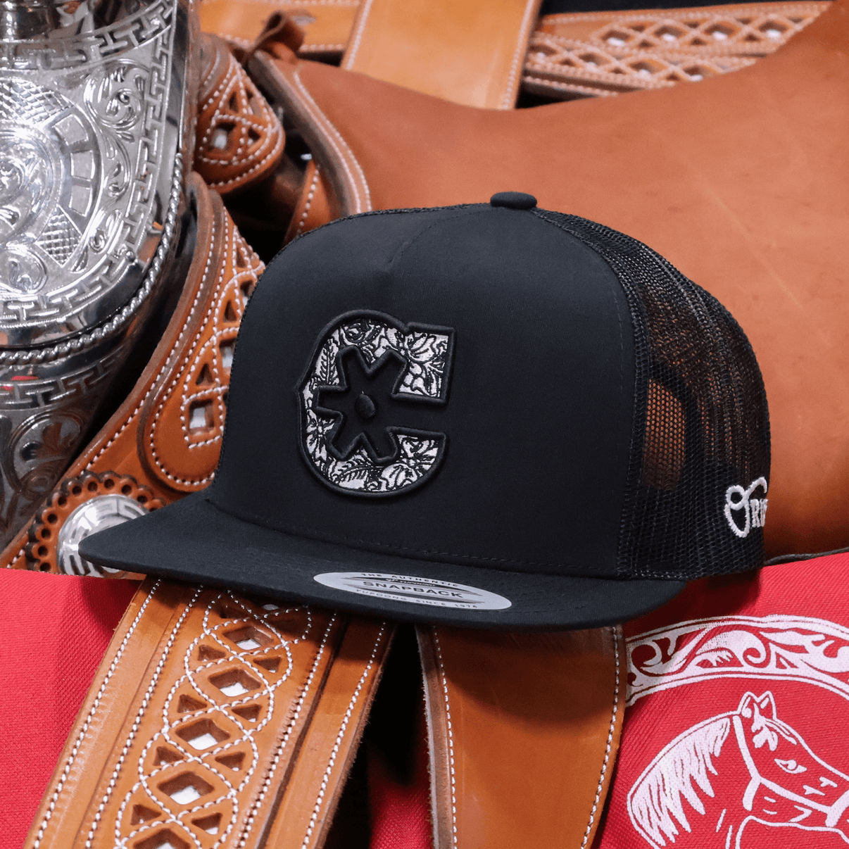 Charros Black "Floral" Trucker Cap - M - Royal Saddles - Charros Original Hats