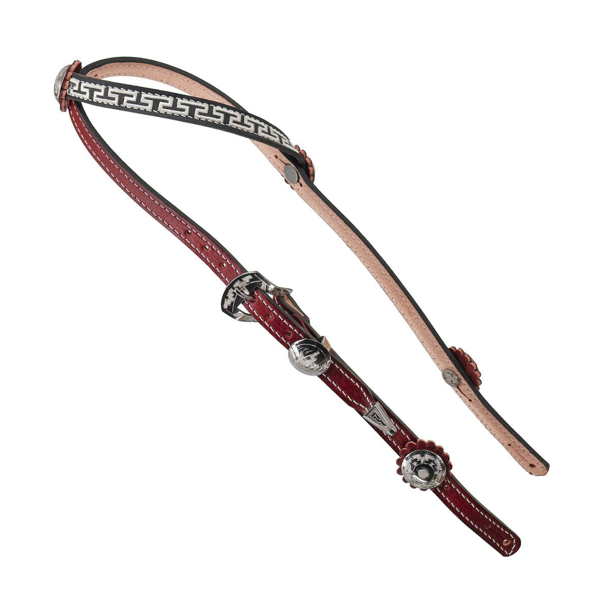 Maroon Black Two-Tone Acero Greca Cabezada Stainless Steel Headstall - M-Royal Saddles - Charro Headstalls/Cabezada