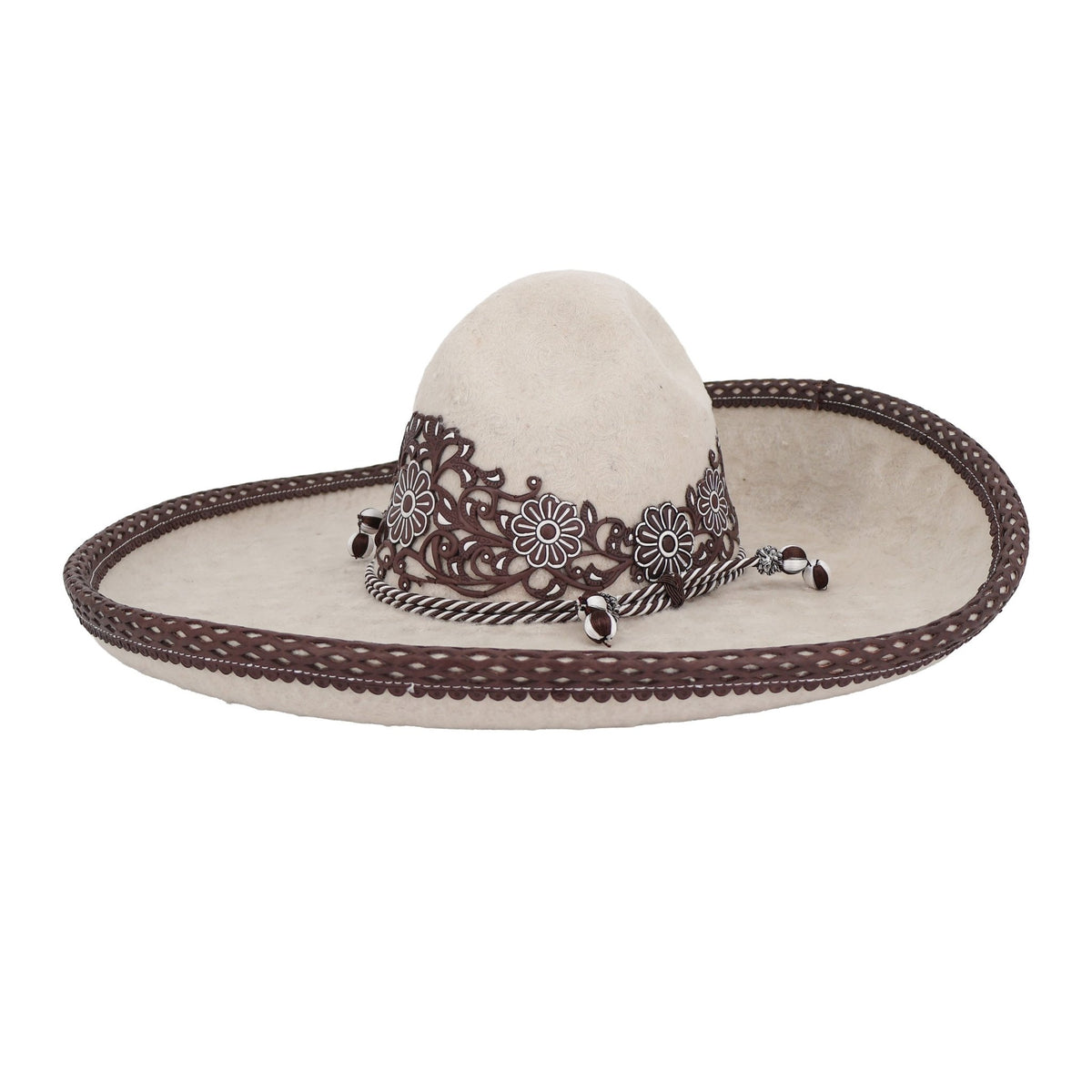 Pearl White Sombrero Charro Calado Pirograbado MEX 57 USA 7 1/8" Ribete - M-Royal Saddles - Sombreros Charros