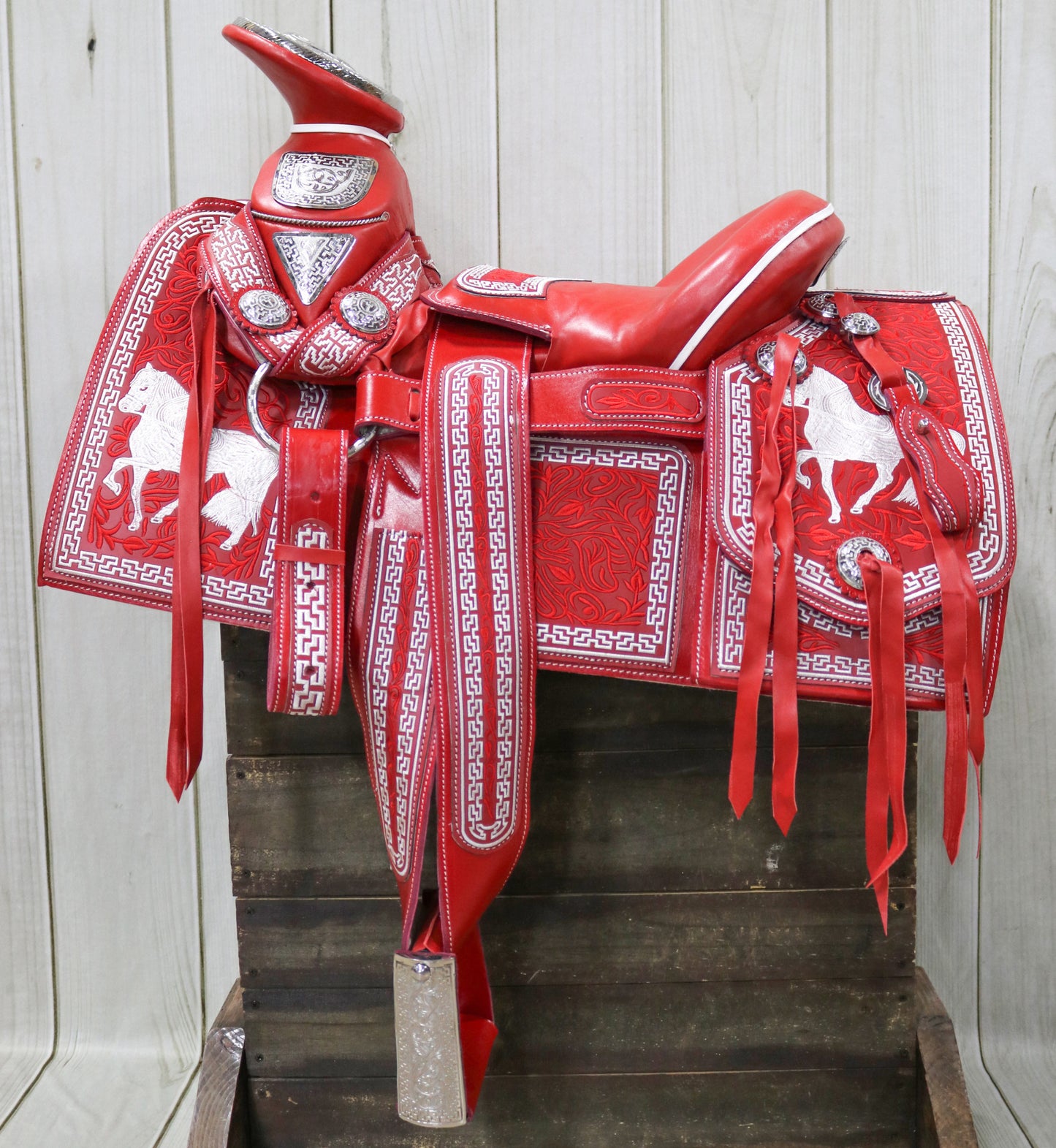 14.5" Montura Silla Charra Embroidered Red Charro Saddle Caballo