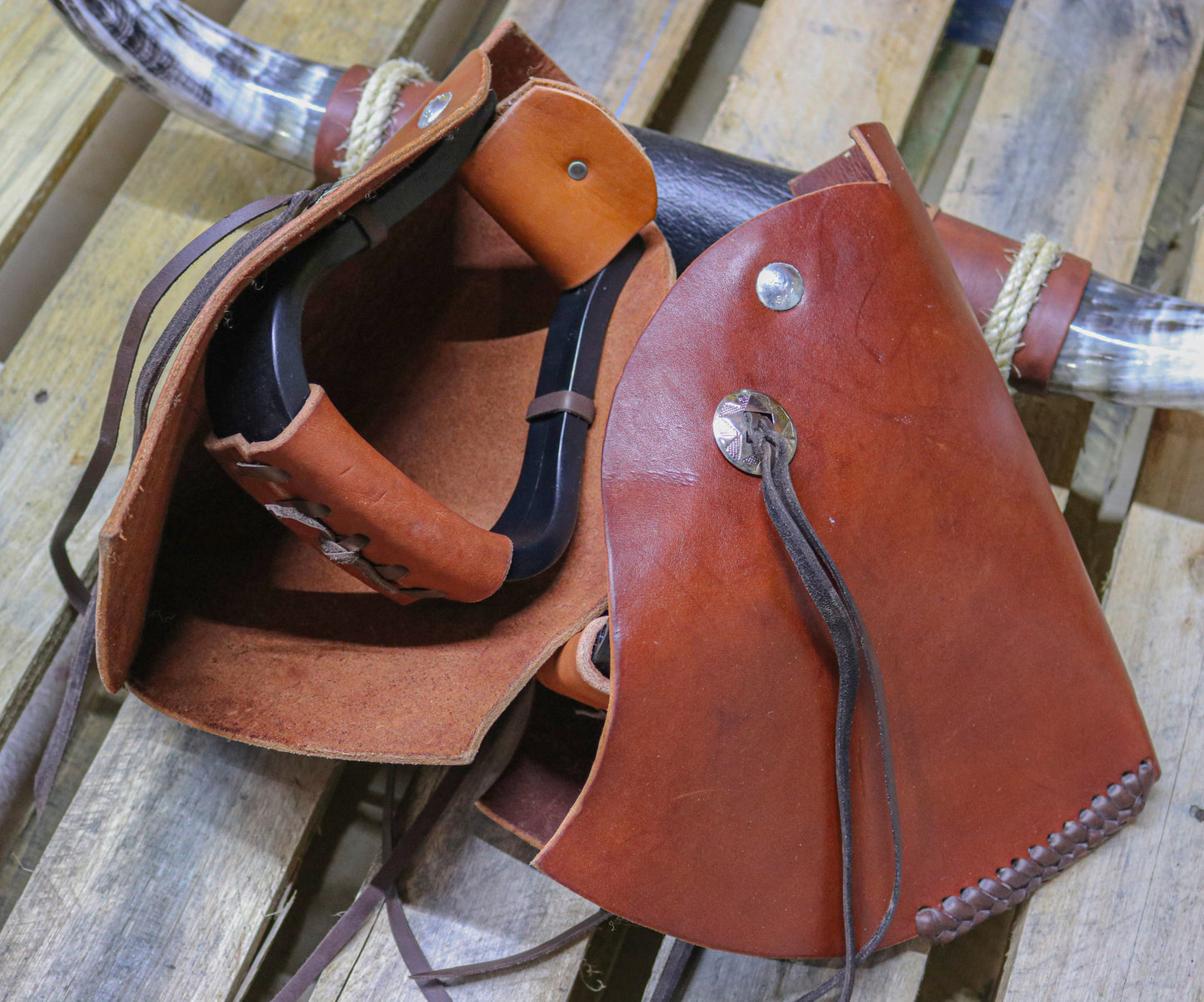 Western Saddle Leather Tapaderos Stirrups Hand Braided Smooth